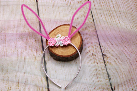 Bunny Ear Pink with Pink Flower Headband