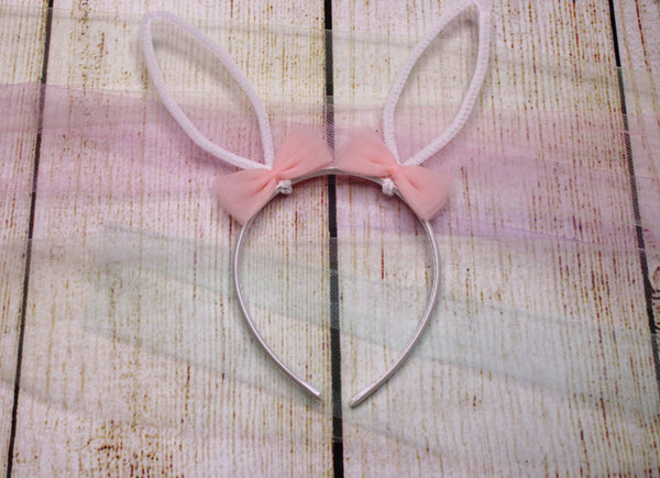 Bunny Ears White with Peach Bow Headband